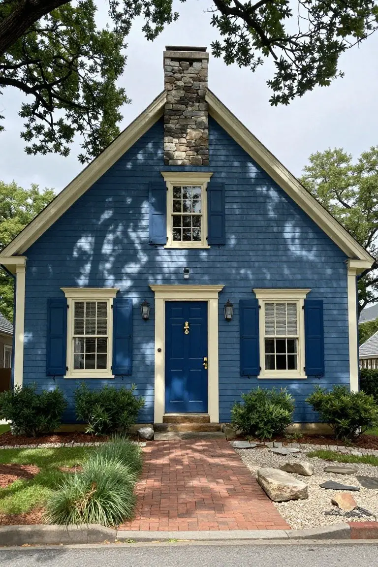 A blue shingled two-story house with a tall stone chimney, white trim around multipane windows and a blue front door flanked by blue shutters, brick walkway, and low shrubs in the front yard.