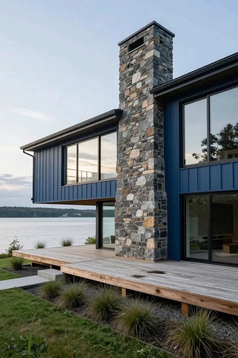 Blue vertical siding house exterior featuring a tall stacked stone chimney, large glass windows, wooden deck, and lake in the background.