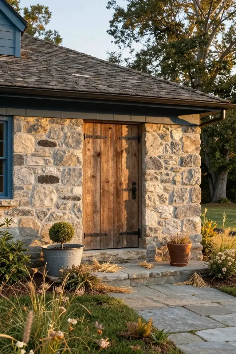 House corner with blue siding and slate roof showing a wooden door with black strap hinges in a random stone wall, flanked by a blue window, stone steps, potted plants, and grass landscaping.