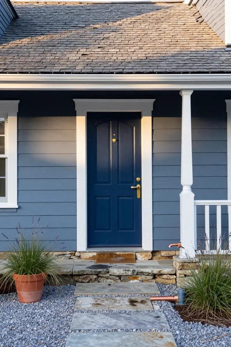 Blue shingle house exterior featuring a navy blue front door with gold hardware, white trim and porch column, stone steps and flagstone path through gravel, flanked by potted grasses and copper faucet.