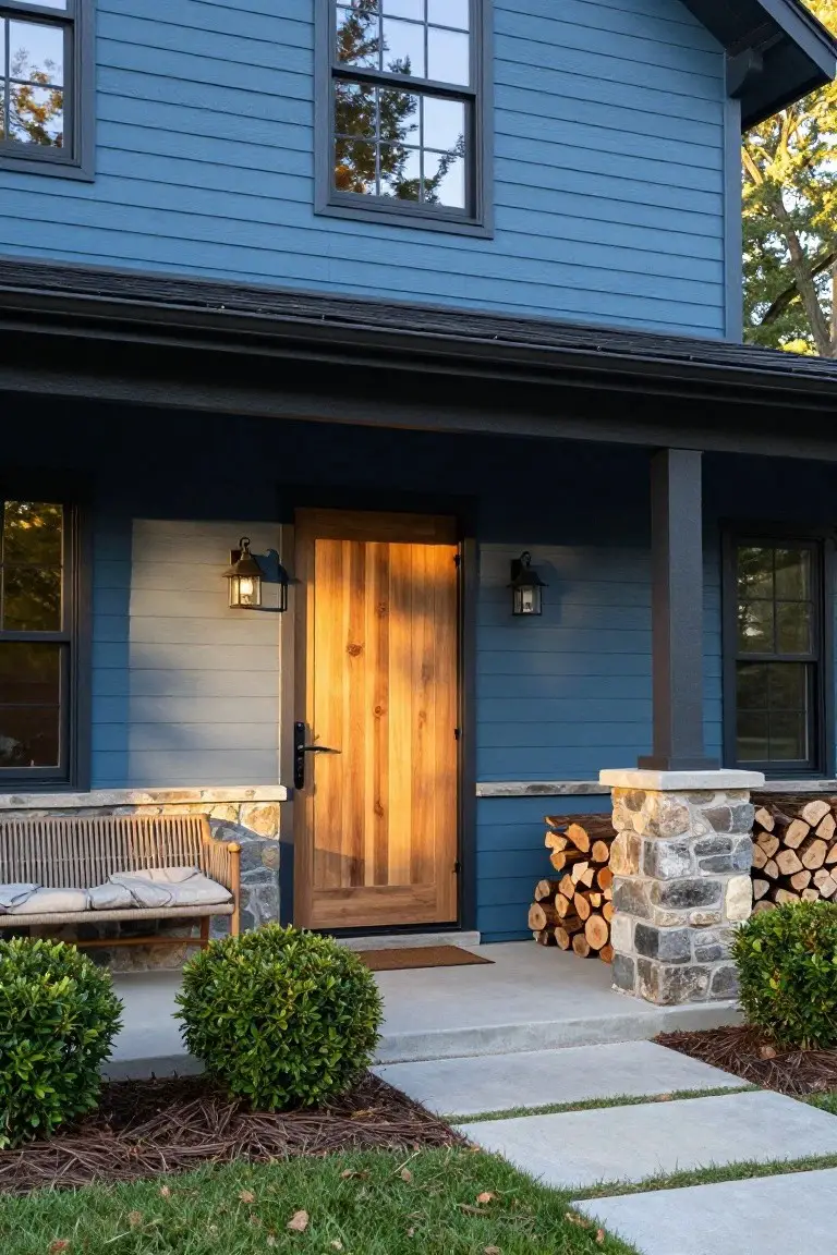 Blue clapboard house exterior featuring a wooden front door on a covered porch supported by stone pillars, lantern lights, a bench, boxwood shrubs, firewood stack, and concrete step path.