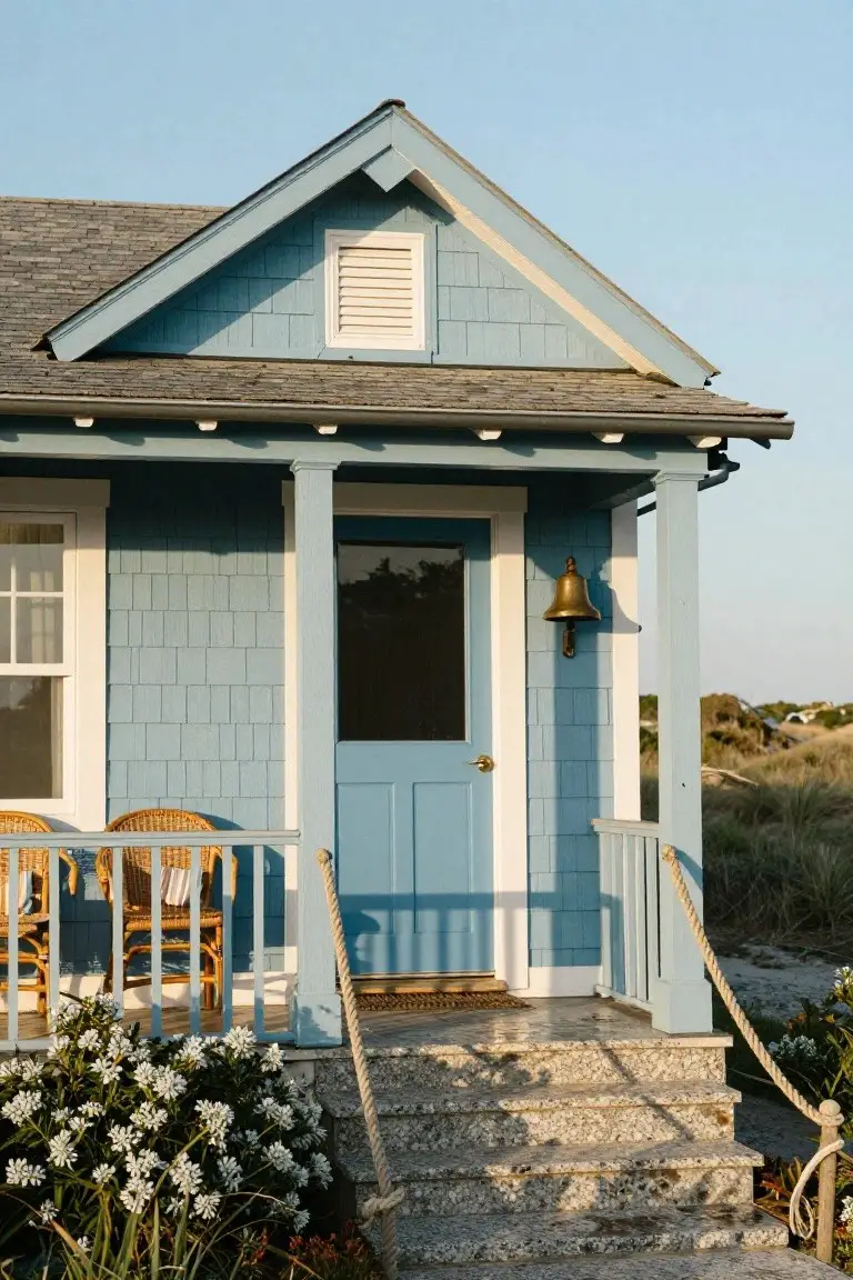 Blue shingle-sided cottage with white-trimmed windows, front porch featuring wicker chairs, blue door with brass bell, pebbled stone steps, rope details, and white flowering shrubs near sandy dunes.