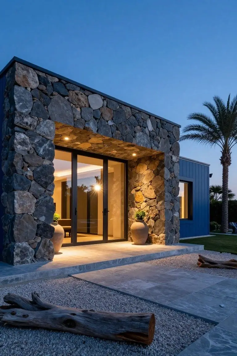 Modern house exterior featuring blue vertical siding, stacked stone walls framing a large glass entry door, terracotta pots with plants, gravel ground cover with driftwood logs, and palm trees at dusk.