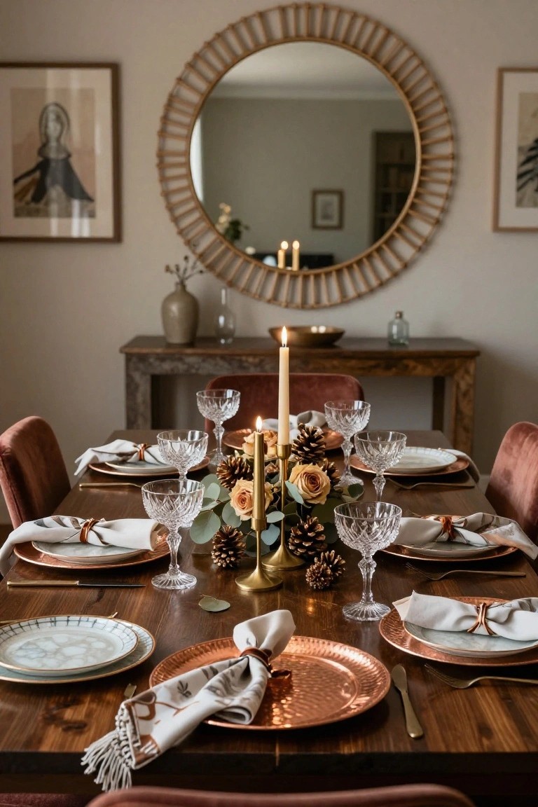 Dining table set for a boho Christmas meal with velvet chairs, copper underplates, crystal glassware, white napkins with copper rings, and a centerpiece of pink roses, eucalyptus, pinecones, and candles on a wooden surface, large rattan mirror and artwork on beige walls in background.