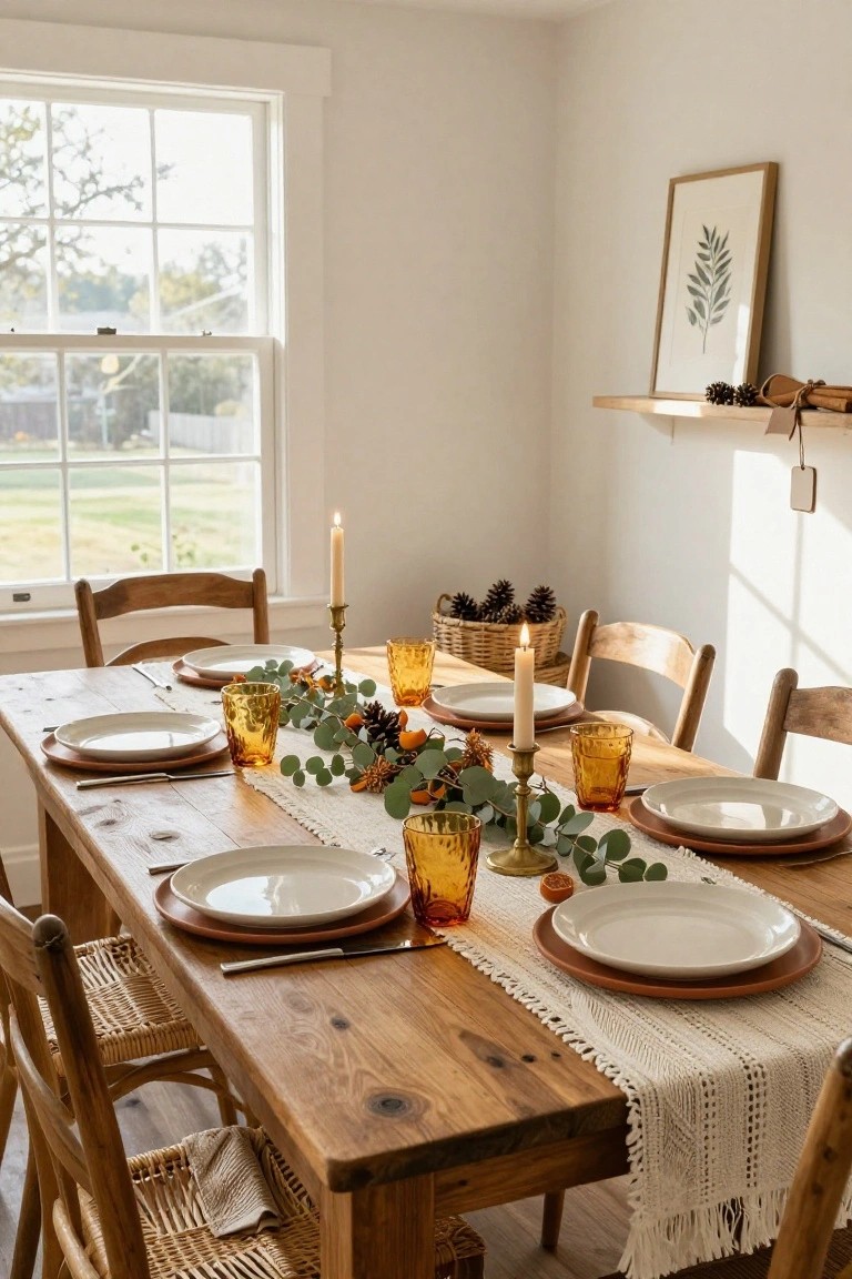 Dining table in a white-walled room set with white plates on terracotta chargers, amber textured glass tumblers, eucalyptus garland with oranges and pinecones, brass candlesticks with lit taper candles, rattan chairs, and a crocheted white runner, viewed through a large window with green fields outside.