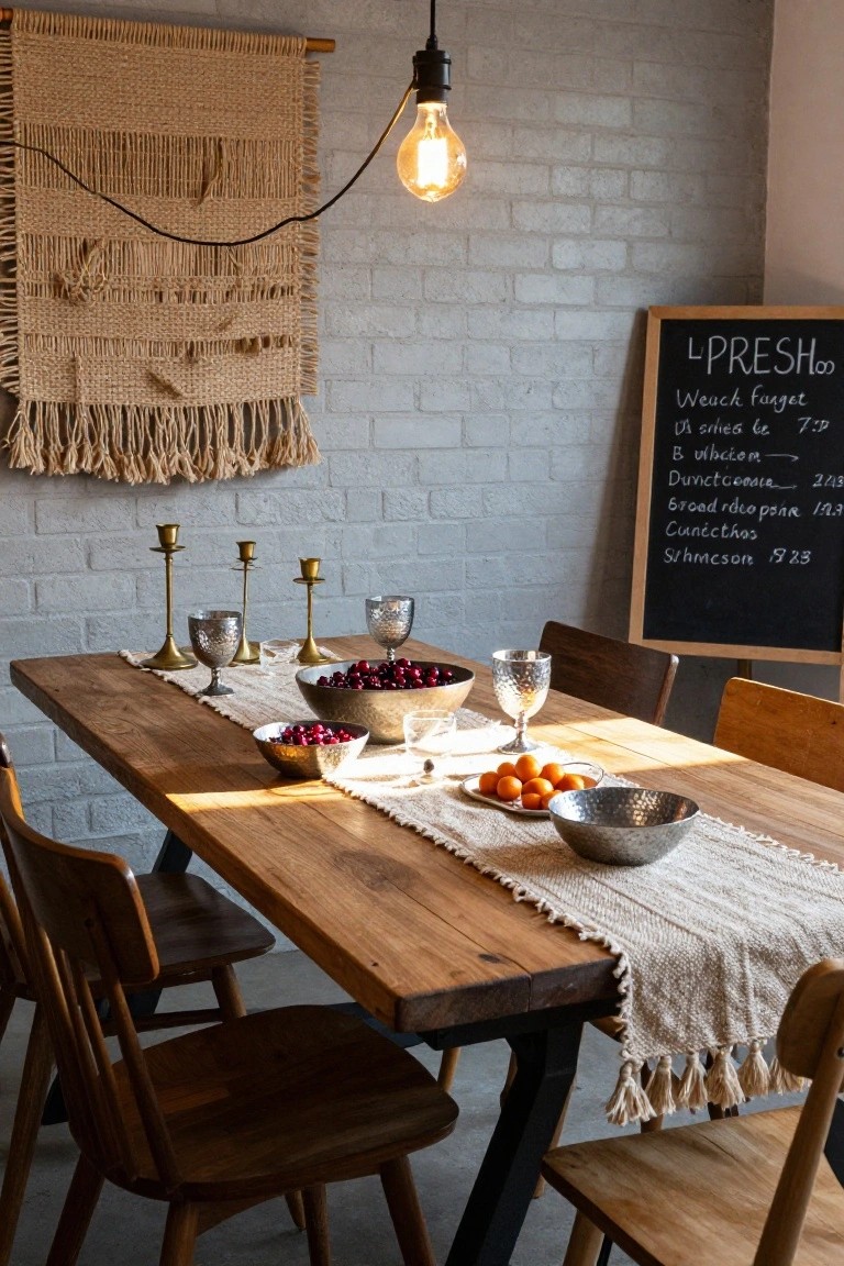 Wooden dining table in a cafe interior with a white fringed linen runner, hammered metal bowls of cranberries and oranges, gold candlesticks, glassware, wooden chairs, white brick wall, woven wall hanging, and chalkboard menu.