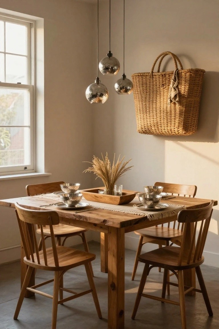 Sunlit room corner with square rustic wooden table on fringed woven runner, set with two stacks of hammered silver bowls on plates, central wooden trough of wheat stalks, four wooden chairs, three hanging spherical pendant lights, large woven wall basket, and window.