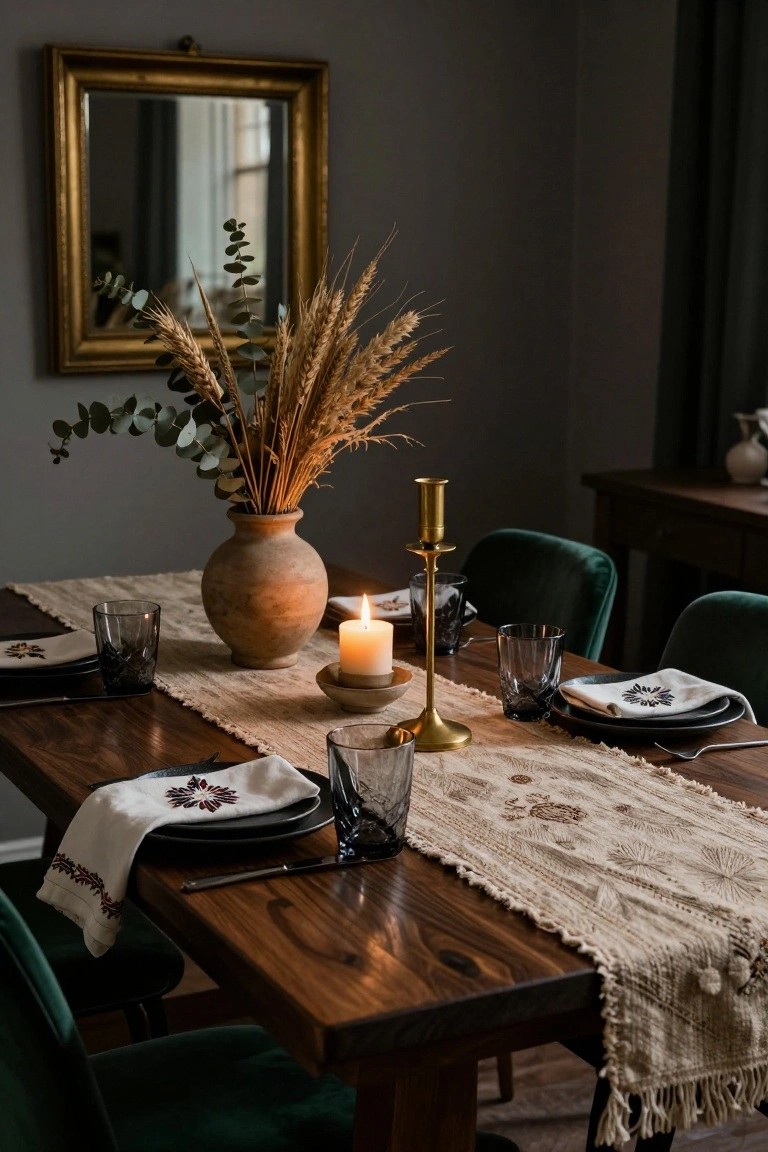 Dining table with terracotta vase of dried wheat and eucalyptus, beige embroidered runner, black plates, white napkins, smoked glassware, gold candlestick with candle, emerald green velvet chairs, gold mirror and sideboard in background.