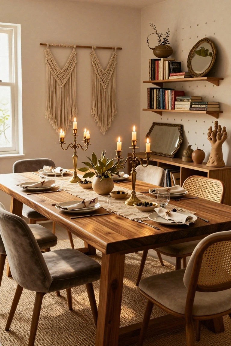 Indoor dining room with a long wooden table set with white plates, cloth napkins tied with twine, bowls of olives, brass candelabras holding lit candles, mixed upholstered and rattan chairs, macrame wall hangings, and wooden shelves with books and decor.