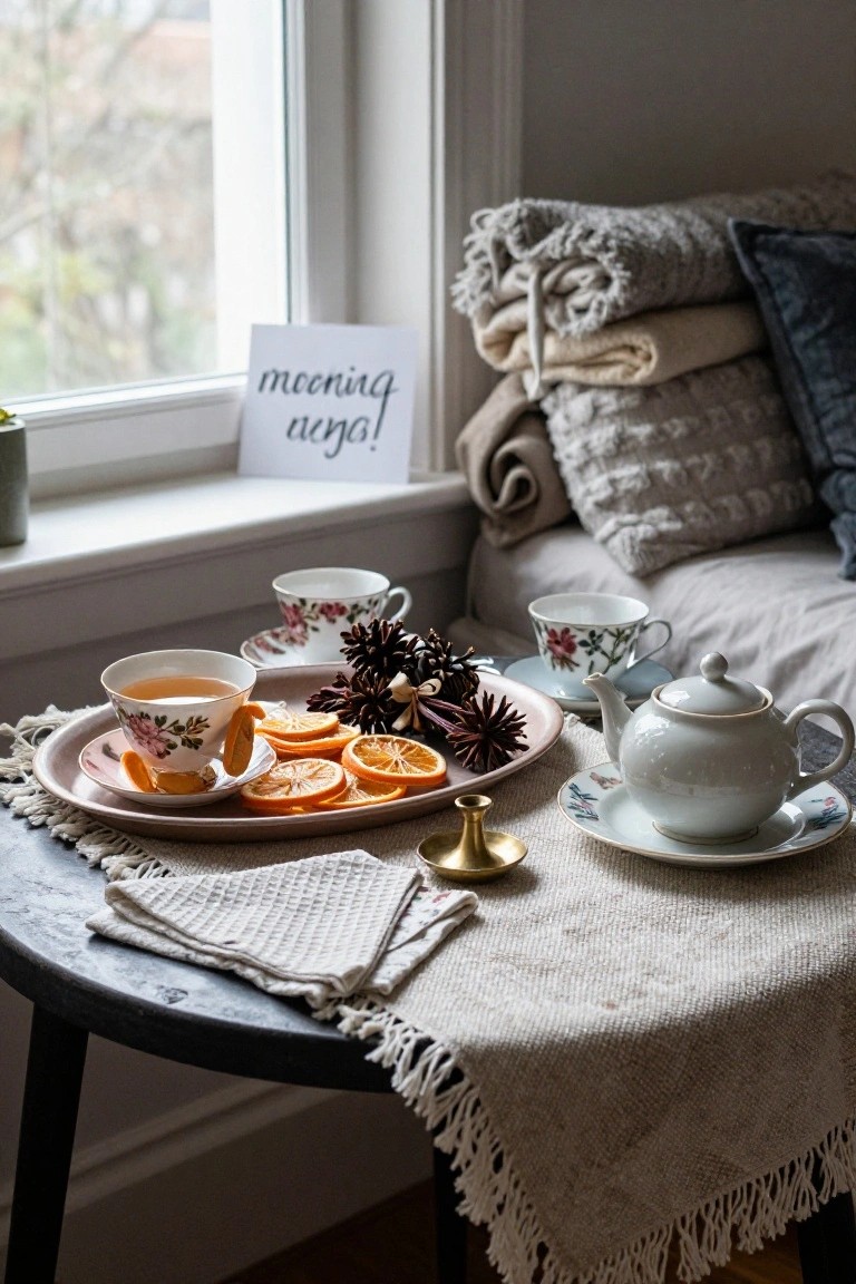 A pink tray on a black wooden side table holds floral teacups with tea, sliced oranges, pinecones, a white teapot, and a gold candle holder, beside a window with a