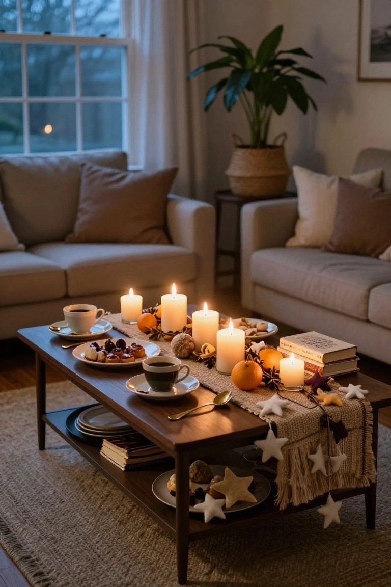 Living room coffee table set with white pillar candles, oranges, star garlands, pastries on plates, teacups, and stacked books, next to beige sofas, a potted plant, and window with curtains.
