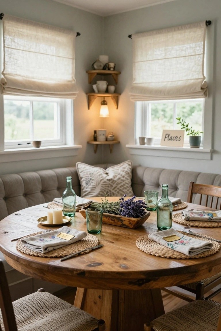 Corner dining nook featuring a gray built-in banquette seating around a round wooden table set with woven placemats, green glass bottles, lavender in a wooden bowl, candles, and wooden chairs by large windows.