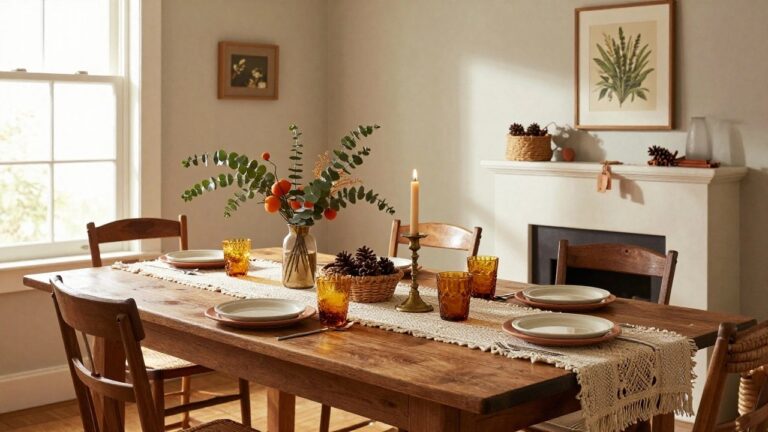 23 Boho Christmas Table Ideas for Free-Spirited Holiday Charm Dining table in a white-walled room set with white plates on terracotta chargers, amber textured glass tumblers, eucalyptus garland with oranges and pinecones, brass candlesticks with lit taper candles, rattan chairs, and a crocheted white runner, viewed through a large window with green fields outside.
