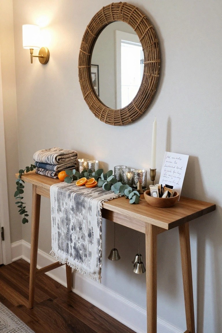 Wooden console table in a light hallway displaying stacked folded towels, eucalyptus branches, orange slices, glass candleholders, pillar candles, a textured runner, and a wooden bowl with small packets, positioned under a round rattan mirror with wall sconce.