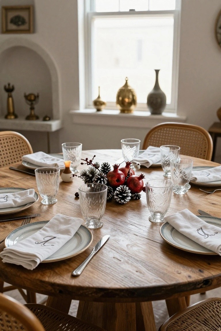 Round wooden dining table set for Christmas with centerpiece of pomegranates and pinecones, textured clear glassware, white embroidered napkins, plates, and cutlery, surrounded by rattan chairs in a white-walled room with window and decor.