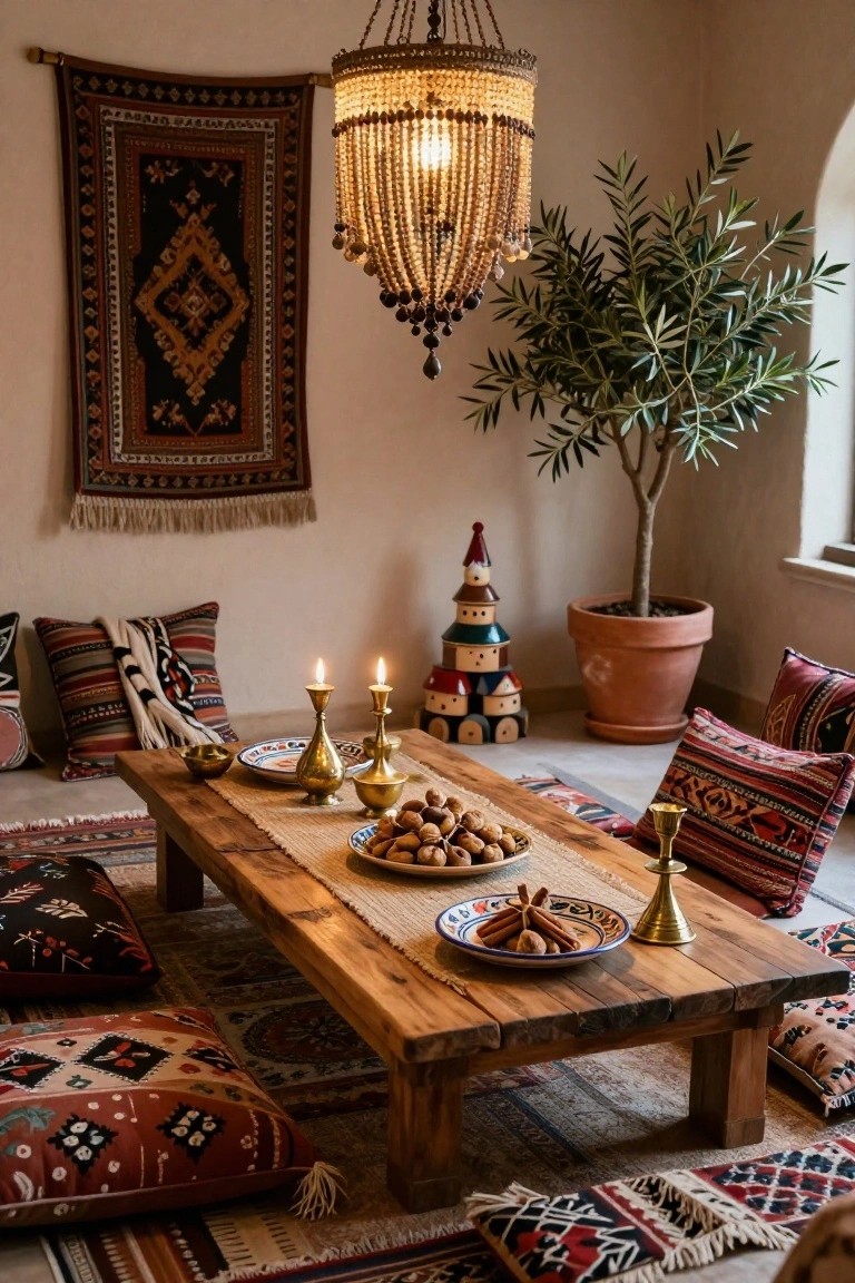 Low rustic wooden table on patterned rugs in a boho room, set with brass candlesticks, plates of nuts and cinnamon sticks, surrounded by colorful floor cushions, with wall tapestries, an olive tree in a pot, and wooden gnome houses nearby.