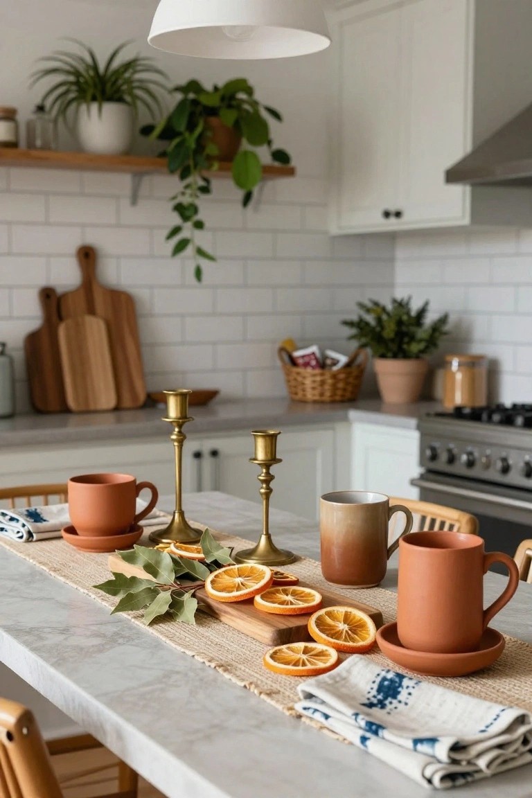 Kitchen island table arranged with sliced oranges and bay leaves on a wooden board, flanked by terracotta mugs on saucers, brass candlesticks, and wooden chairs, with plants and cabinets in the background.