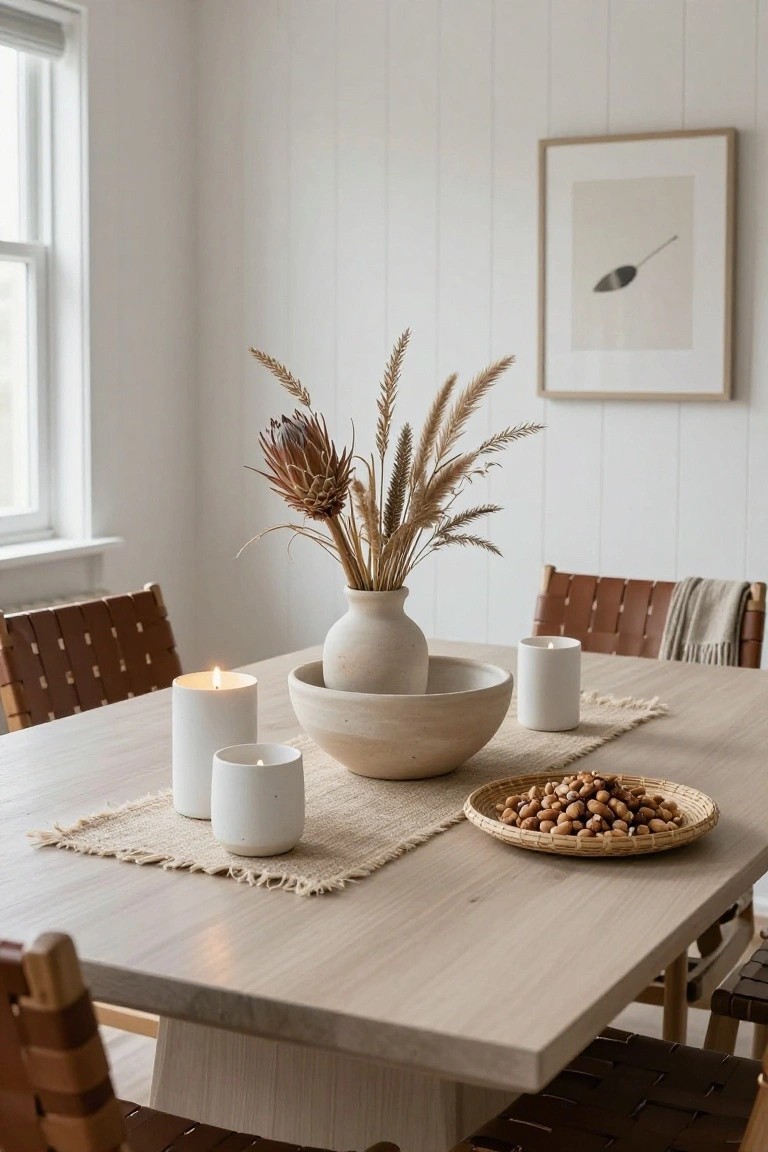 Light wood dining table centered with large beige vase of dried grasses including protea and wheat, white candles in ceramic holders, woven bowl of hazelnuts on fringed beige runner, tan leather chairs, white paneled walls and window.