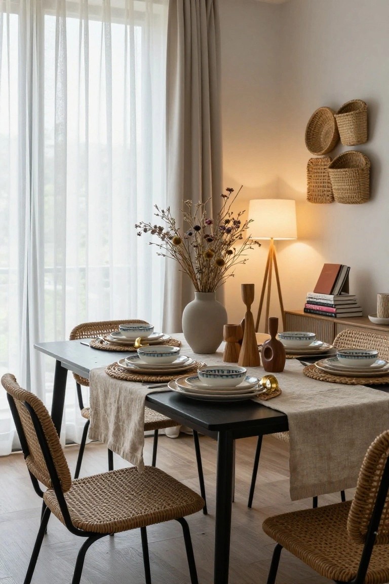 A dining table in a light room set with white plates, blue-patterned bowls on woven placemats, a beige linen runner, wooden candlesticks, a tall vase of dried flowers, rattan chairs, sheer window curtains, a tripod lamp, and wall-mounted woven baskets.