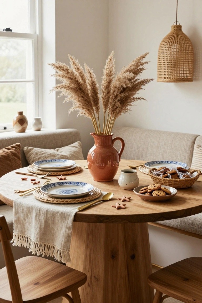 Cozy indoor dining nook with beige bench seating, round wooden table set with blue and white plates, gold utensils, woven placemats, terracotta vase of tall pampas grass, small pottery pieces, cookie basket, and rattan pendant light by a window.