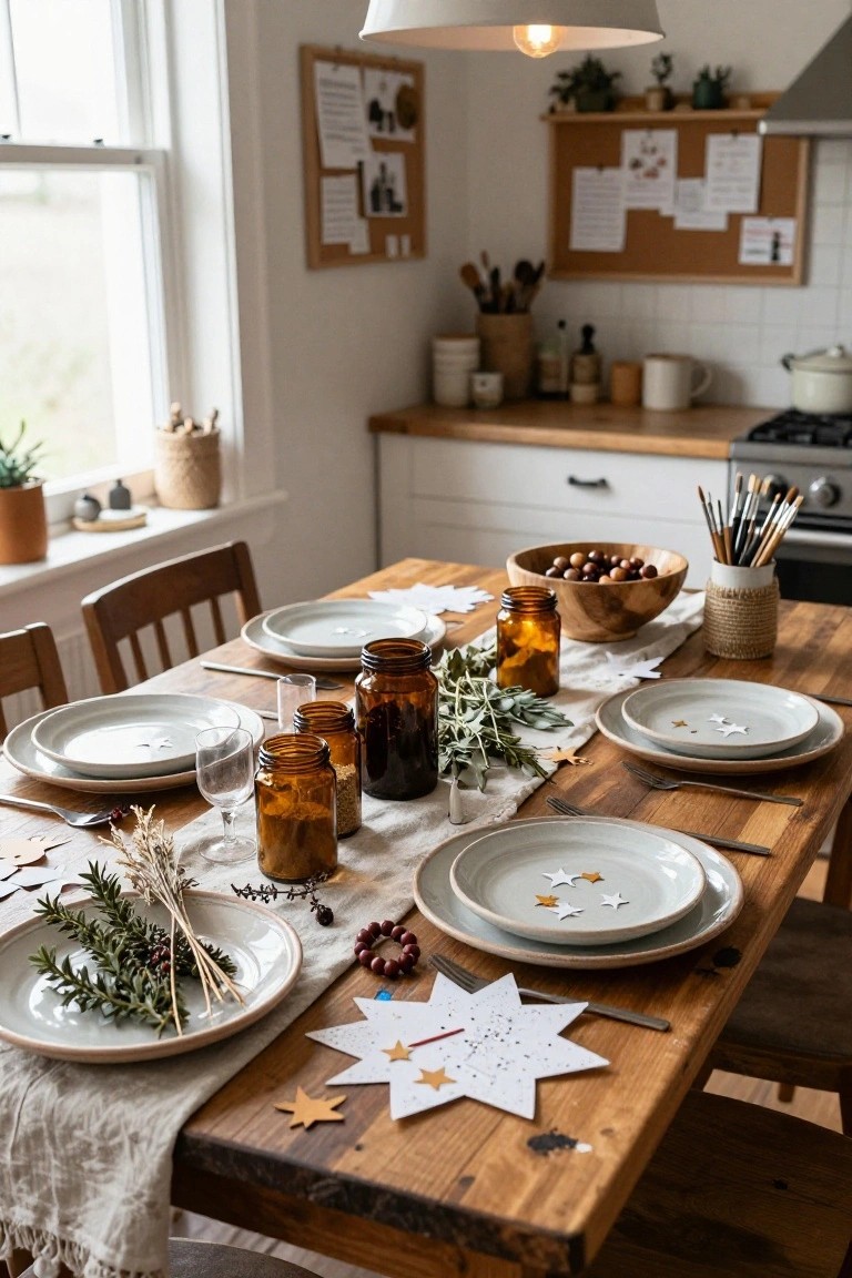 Wooden dining table in a kitchen set with white plates, amber glass jars filled with spices and grains, fresh greenery like rosemary, paper star decorations, and linen runner.