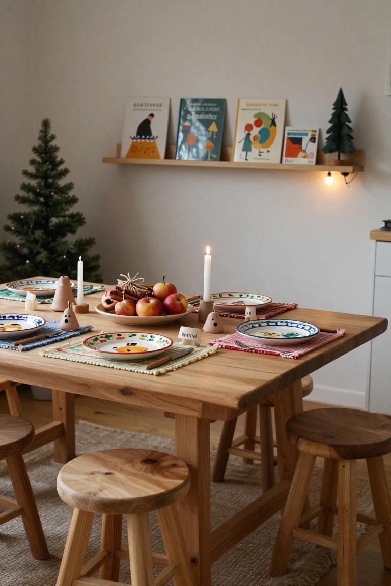 Light wooden dining table set with colorful patterned plates and bowls on woven placemats, candles, bowl of apples with cinnamon sticks, wooden cone-shaped shakers, cutlery, surrounded by wooden stools, with shelves holding books and small Christmas trees in the background.