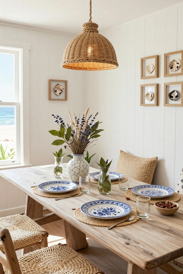 Rustic wooden dining table in a white shiplap room with rattan chairs, blue and white patterned plates on seagrass placemats, glass vases with greenery, woven pendant light overhead, and window view of beach.