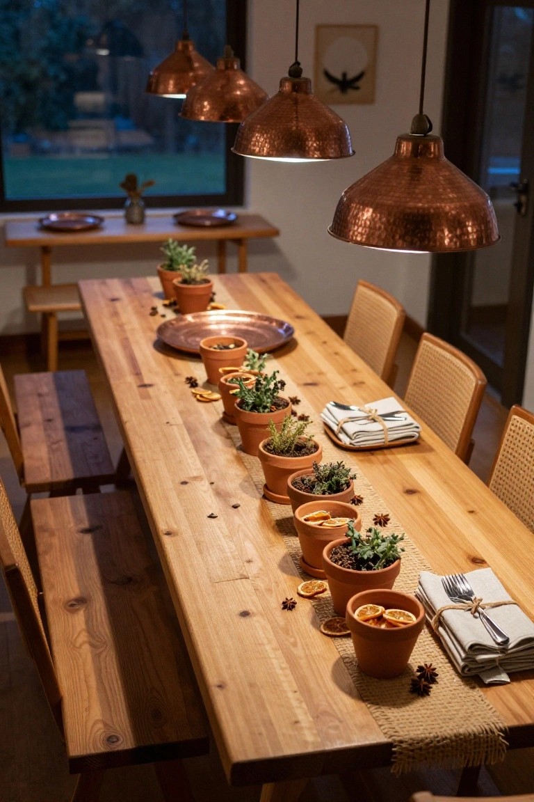 Long wooden dining table decorated with multiple small terracotta pots containing succulents and herbs, dried orange slices, star anise, copper platters, and napkin bundles, surrounded by rattan chairs under copper pendant lights.