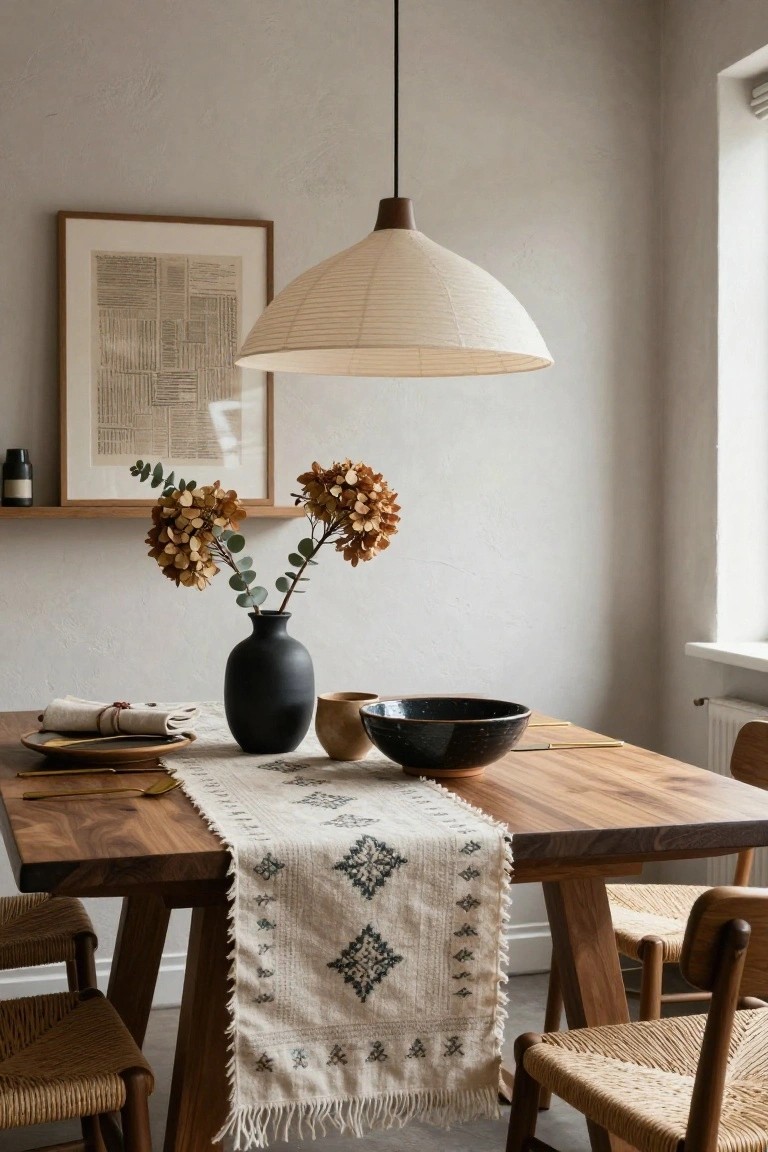 Wooden dining table topped with a white embroidered woven runner, black vase of dried hydrangeas and eucalyptus, black ceramic bowl, wooden plate, and gold utensils, surrounded by cord-seated chairs in a beige room with pendant lamp and wall art.