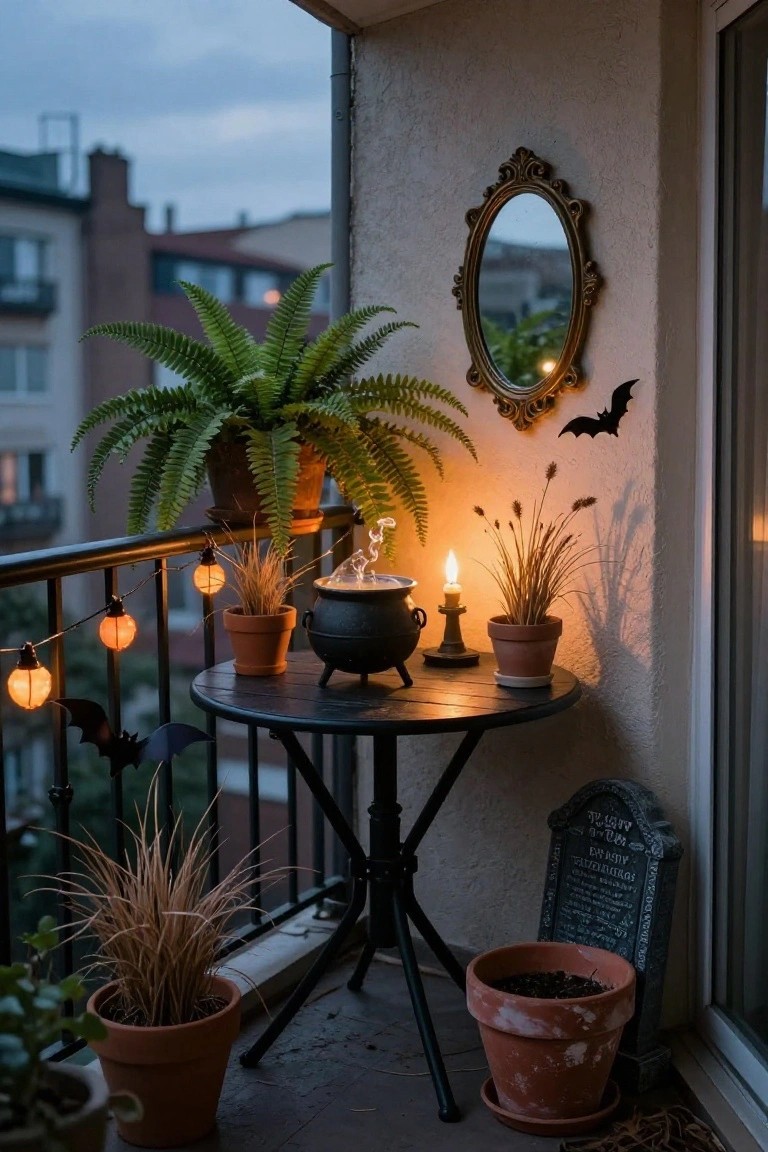 Small round black table on a balcony with a steaming black cauldron, candle in holder, potted grasses and ferns, Halloween gravestone, string lights, and bat decorations against a stucco wall.