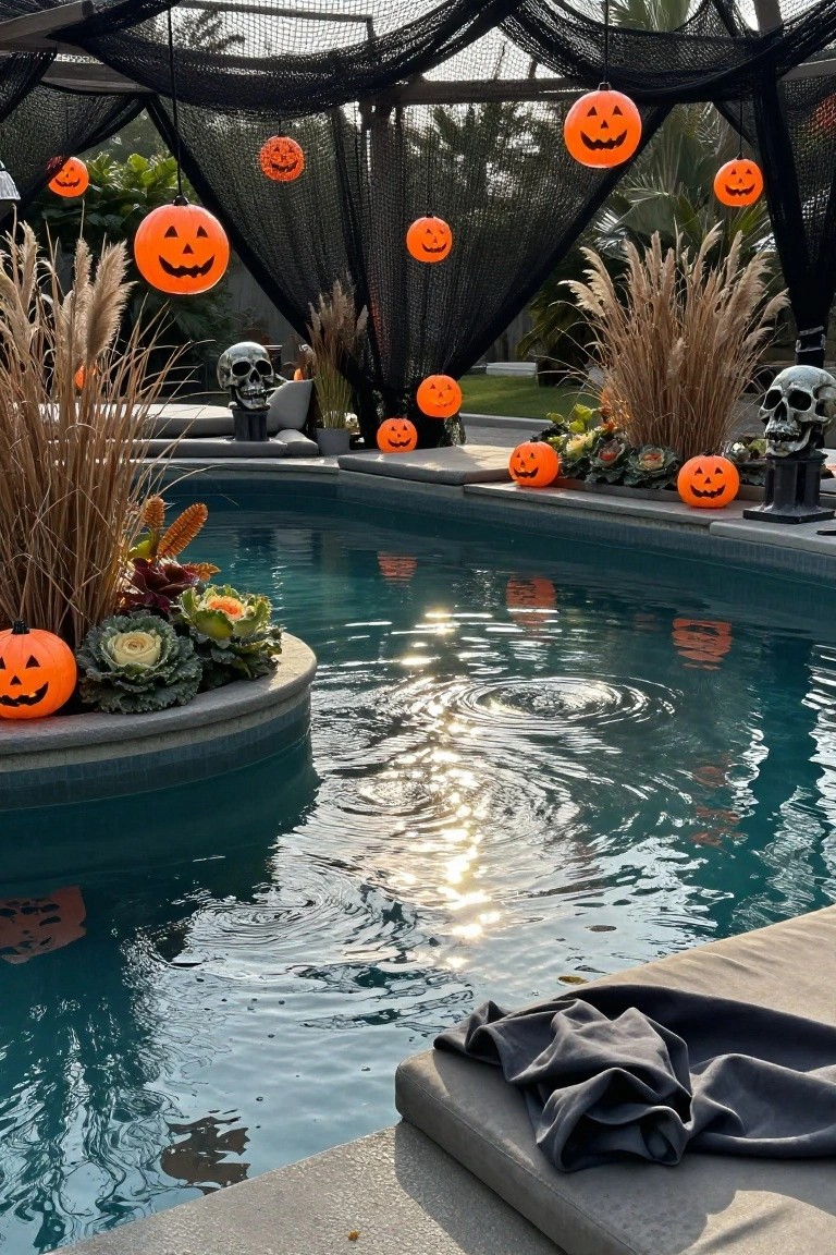 Outdoor pool surrounded by Halloween decorations including draped black netting overhead with hanging orange jack-o-lantern lanterns, pampas grass planters, skull statues, and pumpkins on the pool edge.