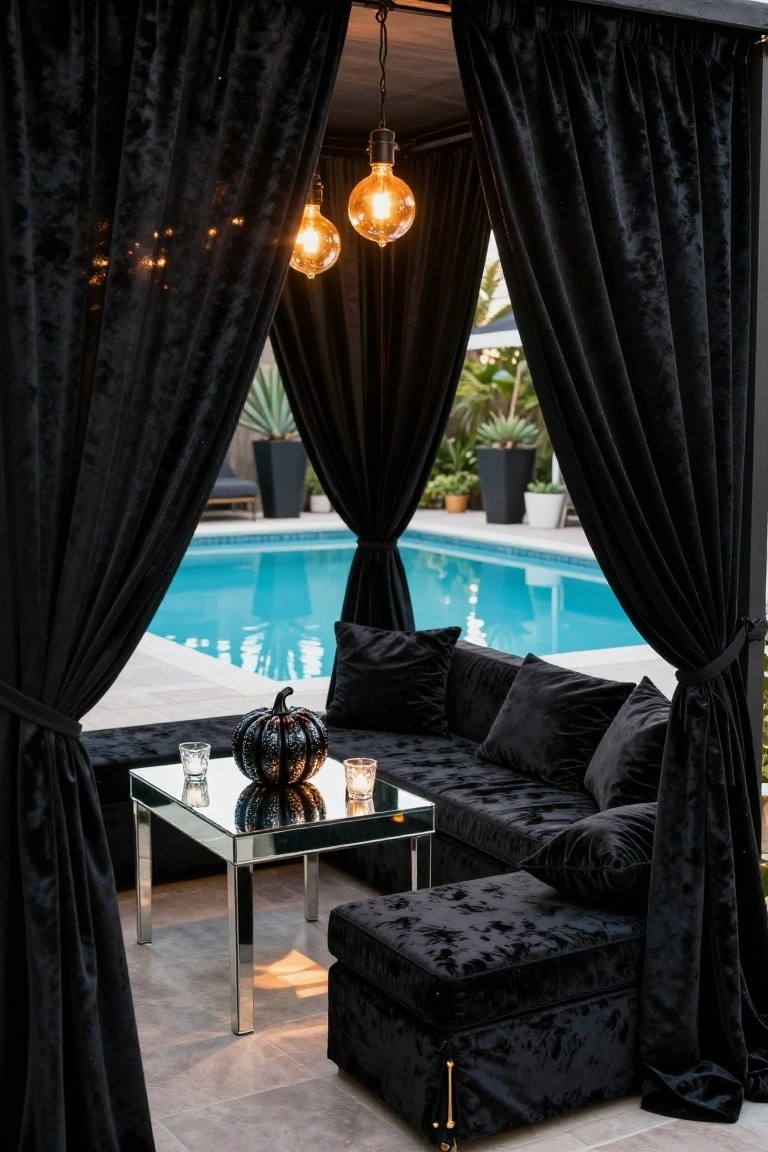 Black velvet-draped cabana structure with low sofa, ottoman, mirrored table holding candles and jack-o-lanterns, overlooking a blue swimming pool surrounded by plants and pendant lights.