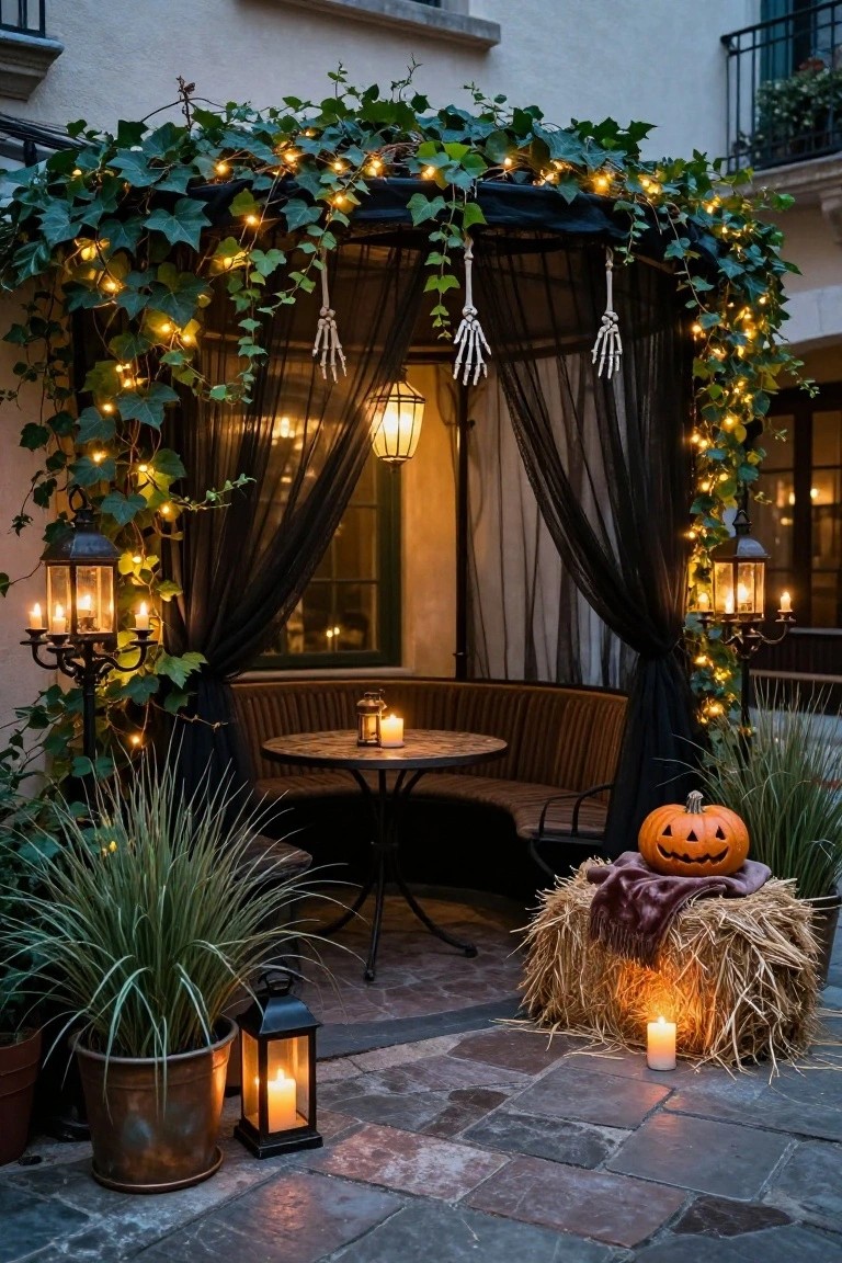 Outdoor patio nook featuring black draped canopy over bench seating and round table, surrounded by ivy-covered arches, string lights, multiple lanterns, carved pumpkin on hay bale with blanket, potted grasses, and skeleton hand decorations.