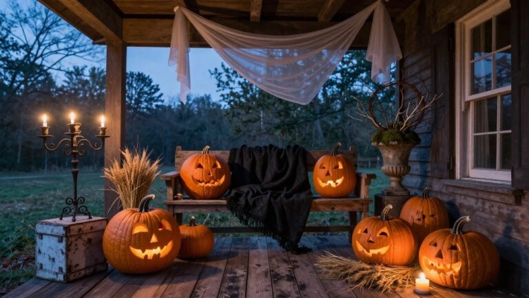 Wooden porch bench on a deck draped with black blanket and surrounded by four lit jack-o'-lantern pumpkins, a black metal candelabra, potted plant, and sheer white fabric hanging from the ceiling at dusk.