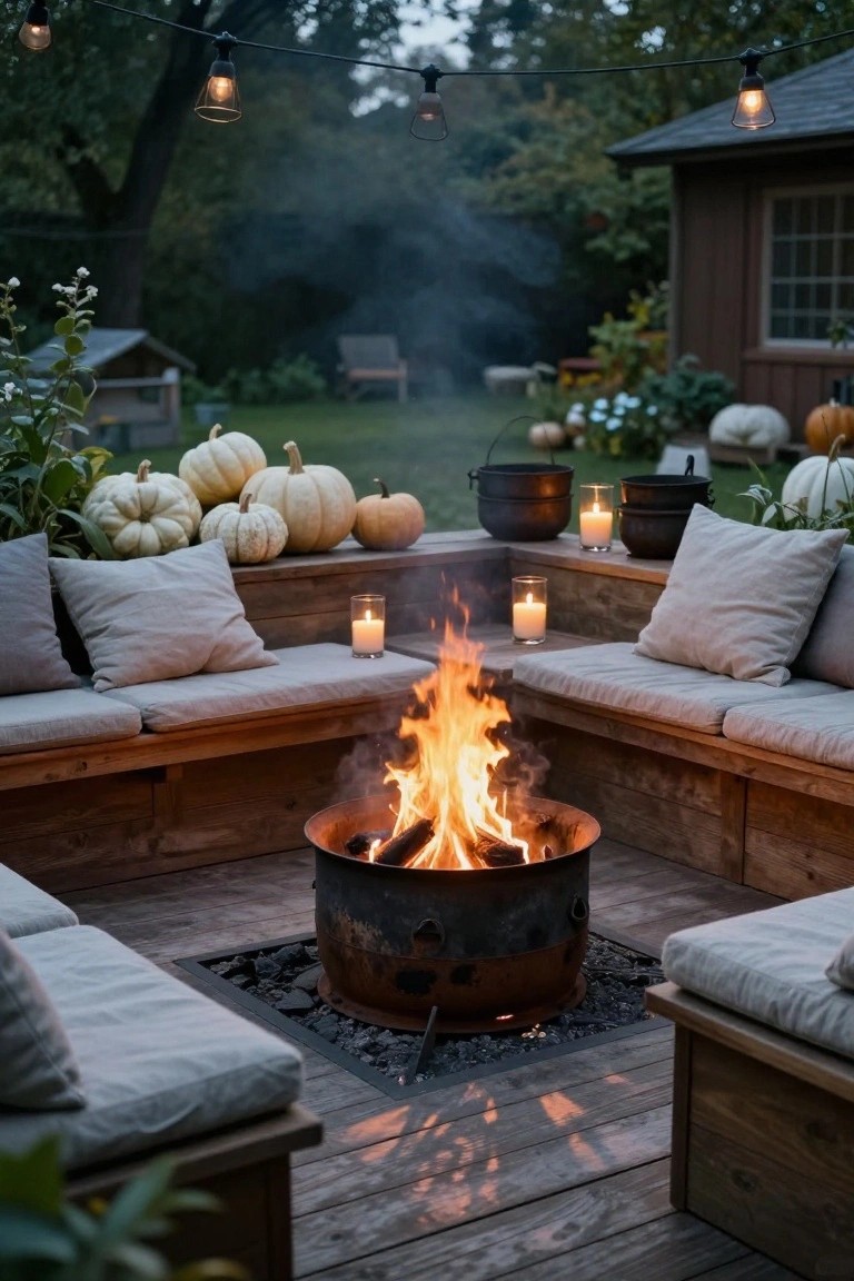 Wooden L-shaped benches with beige cushions surround a burning metal fire pit on a deck, with white pumpkins, black cauldrons, candles, string lights, and garden elements in the background.