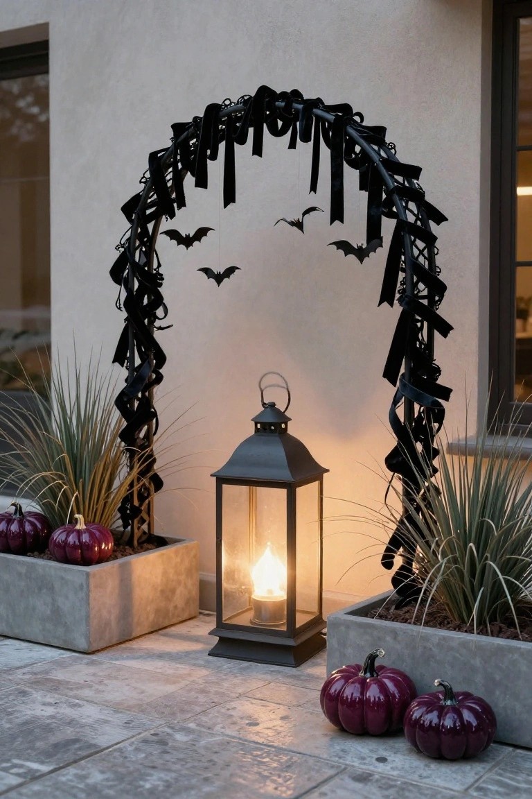 Metal archway against a beige stucco wall draped in black ribbons with hanging bat cutouts, a lit lantern in front, potted agave plants with purple pumpkins on either side, and two more pumpkins on the stone patio floor.