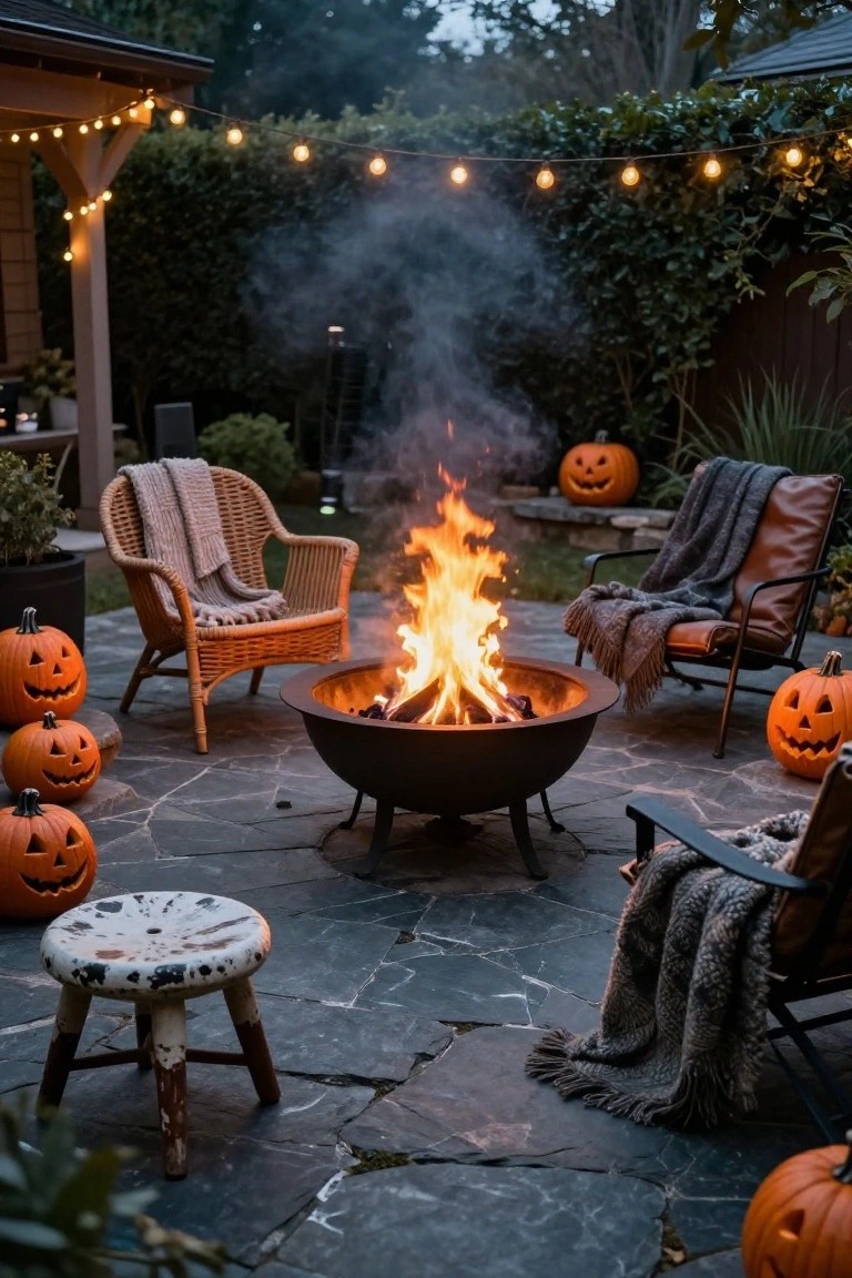 Backyard stone patio at dusk with central metal fire pit burning brightly, surrounded by wicker and leather chairs with blankets, a wooden stool, multiple carved pumpkins, string lights overhead, hedges, and house in background.