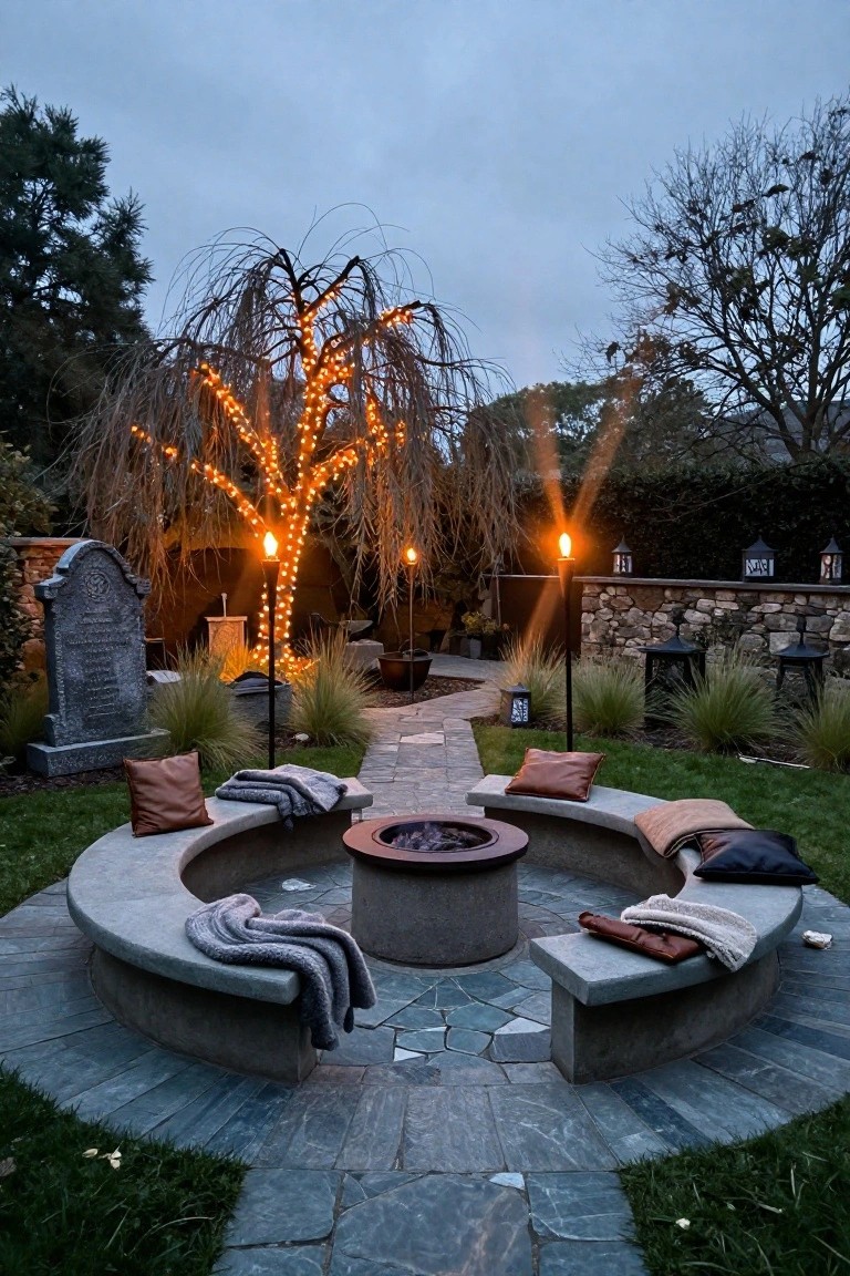Backyard at dusk with a circular concrete bench around a lit fire pit, cushions and blankets on seats, Halloween tombstones, torch-style lanterns, lit weeping willow tree, and stone path.