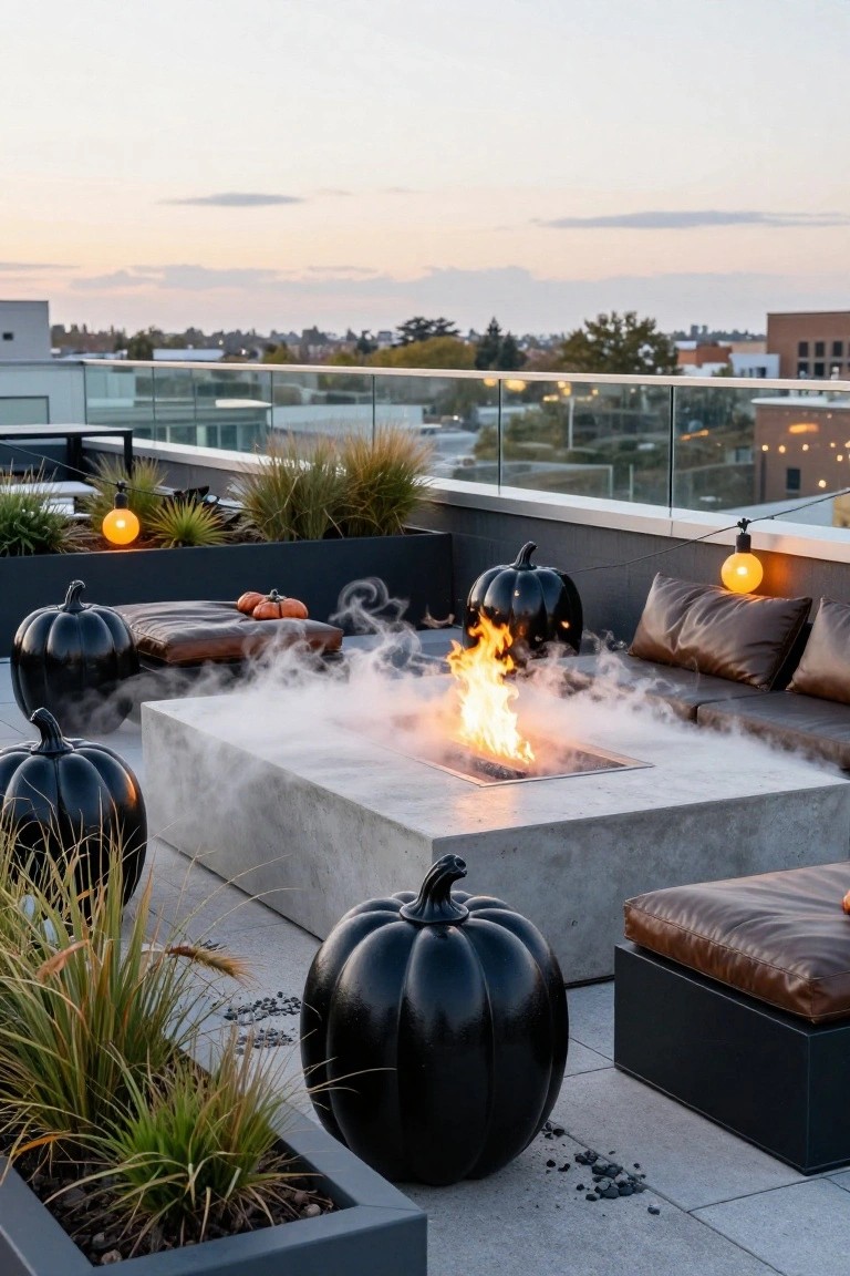 Rooftop terrace at sunset featuring a square concrete fire table with flames and fog, black pumpkins, leather seating, potted grasses, and string lights against a city skyline.