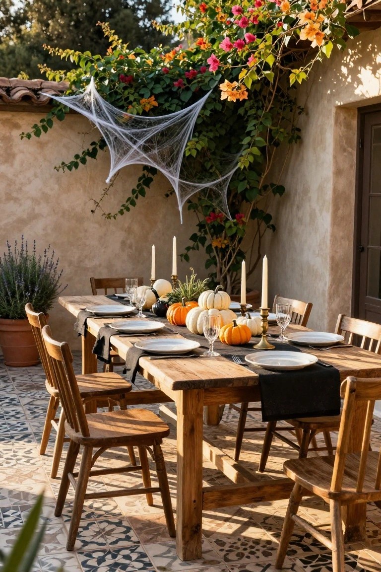 Wooden dining table on a tiled outdoor patio set for Halloween with white and orange pumpkins, candles, wine glasses, black napkins and placemats, spider webs over bougainvillea-covered walls, potted lavender, and wooden chairs.
