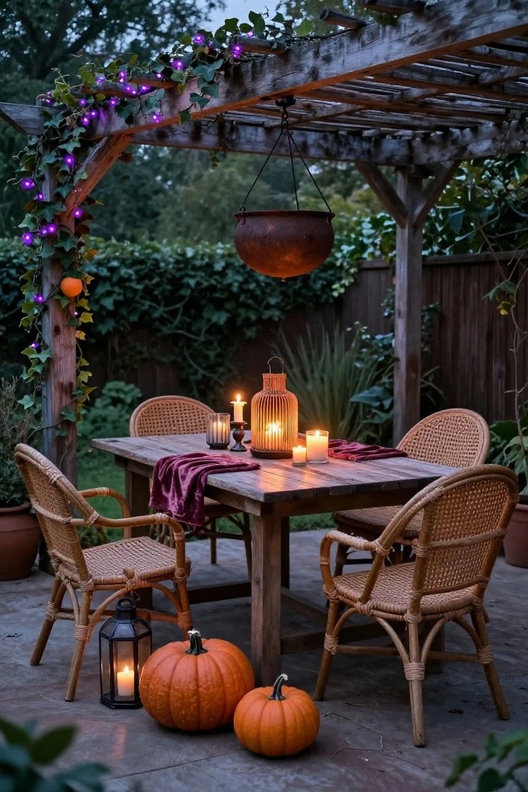 Wooden pergola draped with ivy and purple string lights over a rustic dining table set with four wicker chairs, lanterns, candles, and pumpkins on a paved outdoor patio surrounded by greenery.