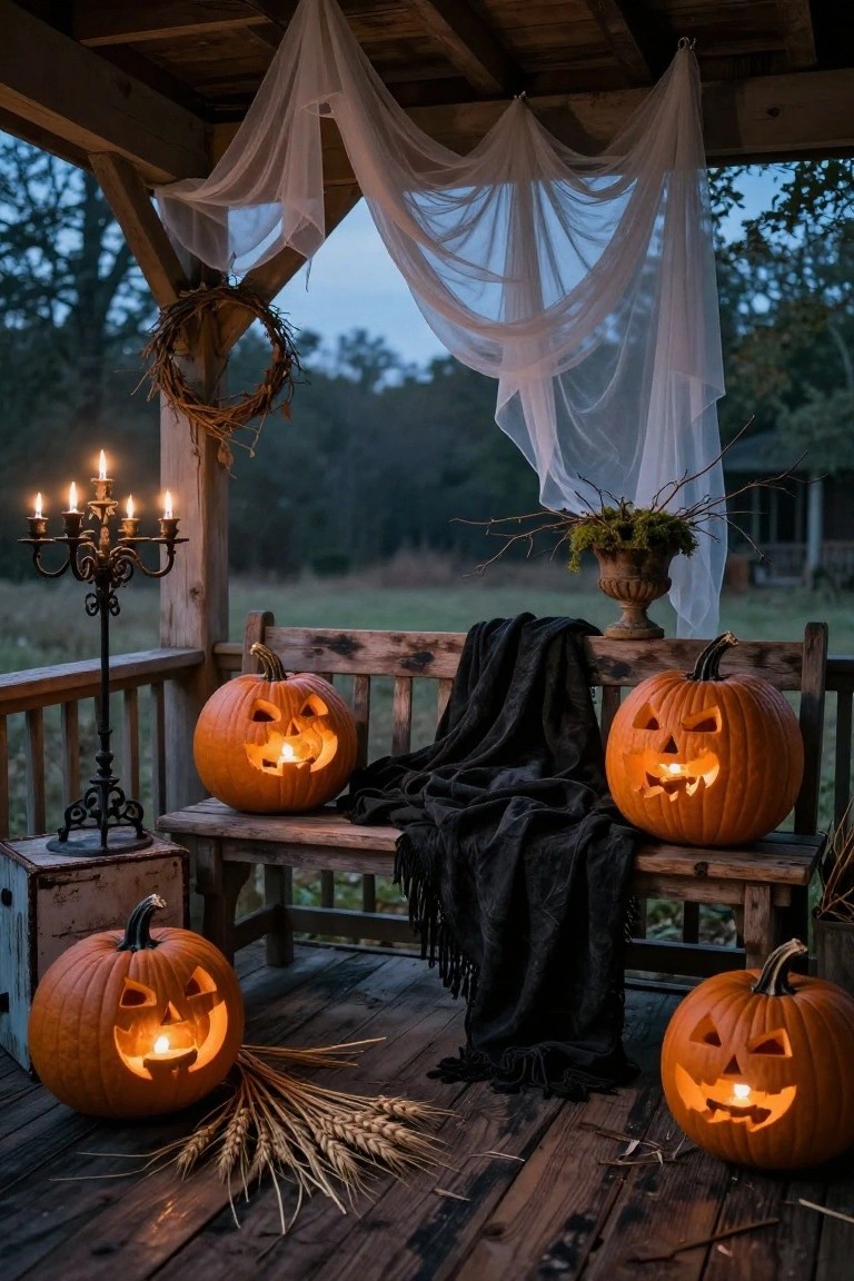 Wooden porch bench on a deck draped with black blanket and surrounded by four lit jack-o'-lantern pumpkins, a black metal candelabra, potted plant, and sheer white fabric hanging from the ceiling at dusk.