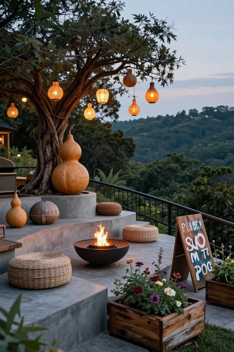 Outdoor stepped concrete terrace with fire pit, woven rattan poufs and cushions, large carved orange gourds on pedestal, smaller gourds, hanging lit gourd lanterns from tree, potted plants, wooden sign, and view of green hills at twilight.