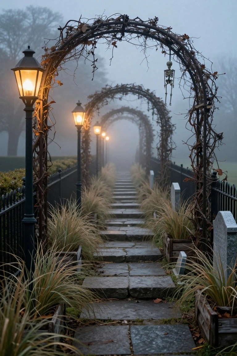 Foggy stone pathway under multiple vine-covered metal arches with hanging lanterns and a plastic skeleton, bordered by tall ornamental grasses in wooden planters, black iron fences, and white tombstones.