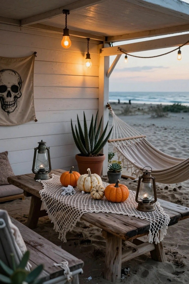Wooden beachside porch structure with hanging string lights and lanterns, a picnic table draped in white crochet runner holding small pumpkins and more lanterns, a skull flag on the wall, potted plants, a hammock, benches, and sand leading to the ocean at sunset.