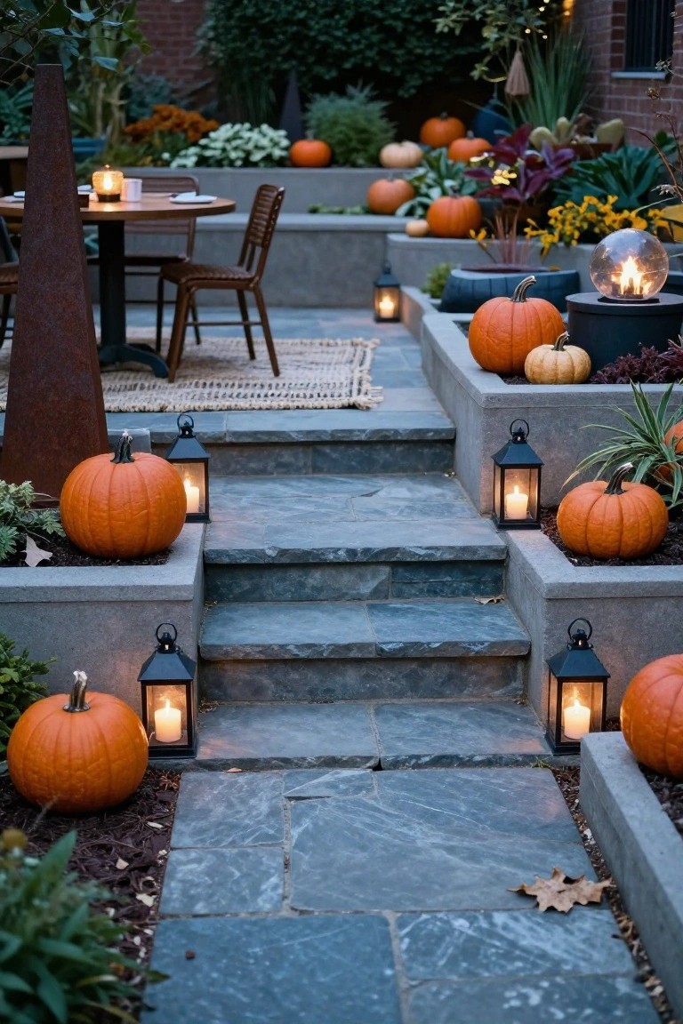 Stone stairs in an outdoor patio area lined with black metal lanterns containing candles and orange pumpkins in adjacent planters, with a wooden dining table and chairs on a nearby terrace surrounded by plants and more pumpkins.