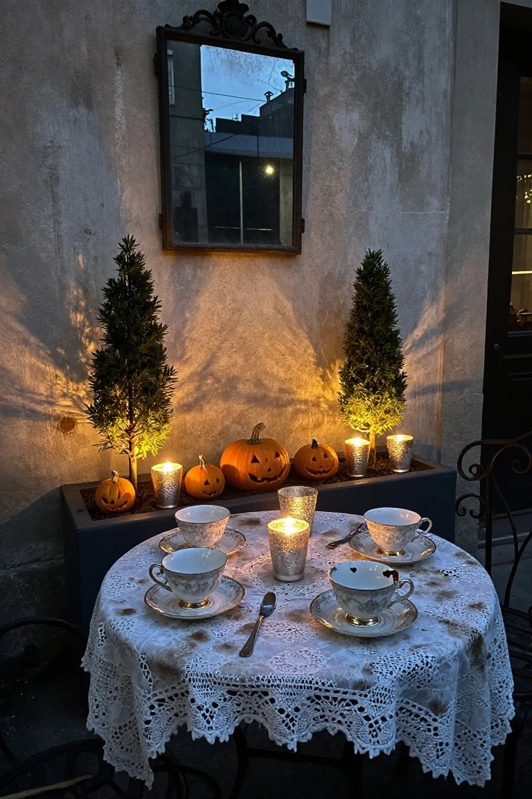 Small round table with white lace cloth and porcelain teacups in an outdoor courtyard, surrounded by lit candles, jack-o-lanterns, and potted fir trees against a stone wall with an ornate mirror.