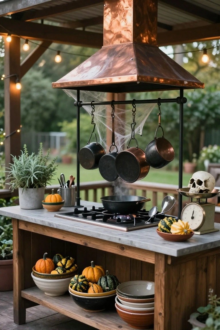 Outdoor kitchen on a wooden counter with gas stove, hanging black and copper pots draped in spider webs from a copper hood, skull on brass scale, pumpkins and herbs nearby under string lights.