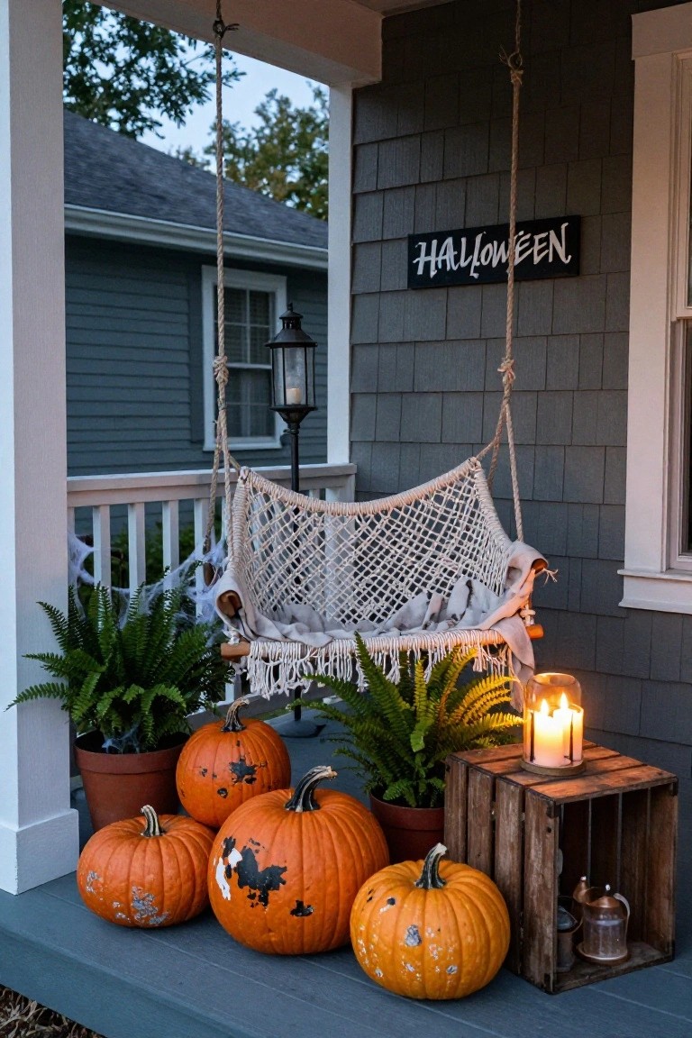 Front porch featuring a white rope hammock swing with pillows and blanket, surrounded by orange carved pumpkins, potted ferns, a wooden crate with candles and lanterns, cobwebs, and a Halloween sign on a dark shingled house wall.