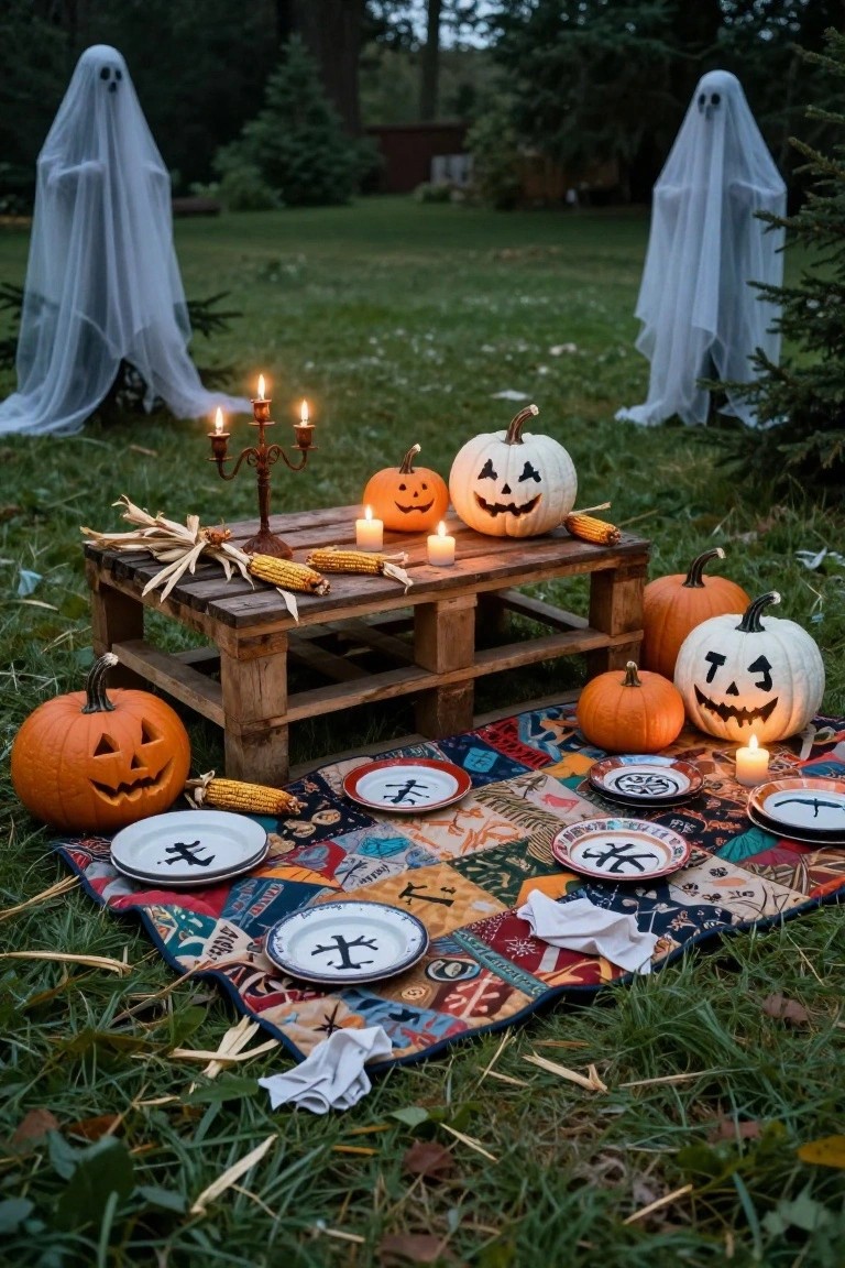 Outdoor Halloween display on grass with tall ghost figures flanking a wooden pallet table holding candles, corn, and small pumpkins, larger carved pumpkins nearby, and a colorful quilt with plates spread out.